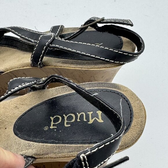 Vintage Mudd Sandals Wedges Black/Brown Buckle Faux Leather Open Toe Y2K 90s 7.5 - Picture 8 of 9